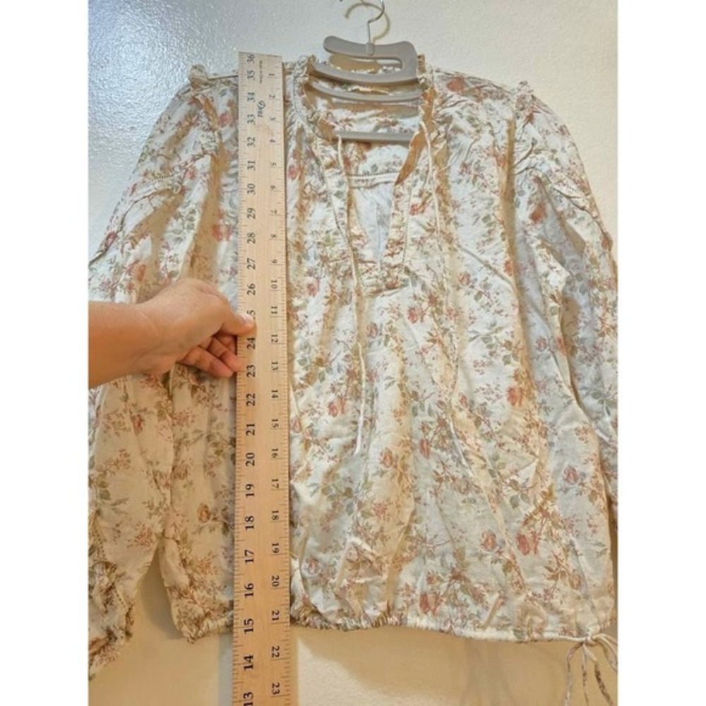 AE77 American Eagle Peasant Blouse Womens XS Cream Pink Organic Cotton Ruffle - Picture 6 of 12